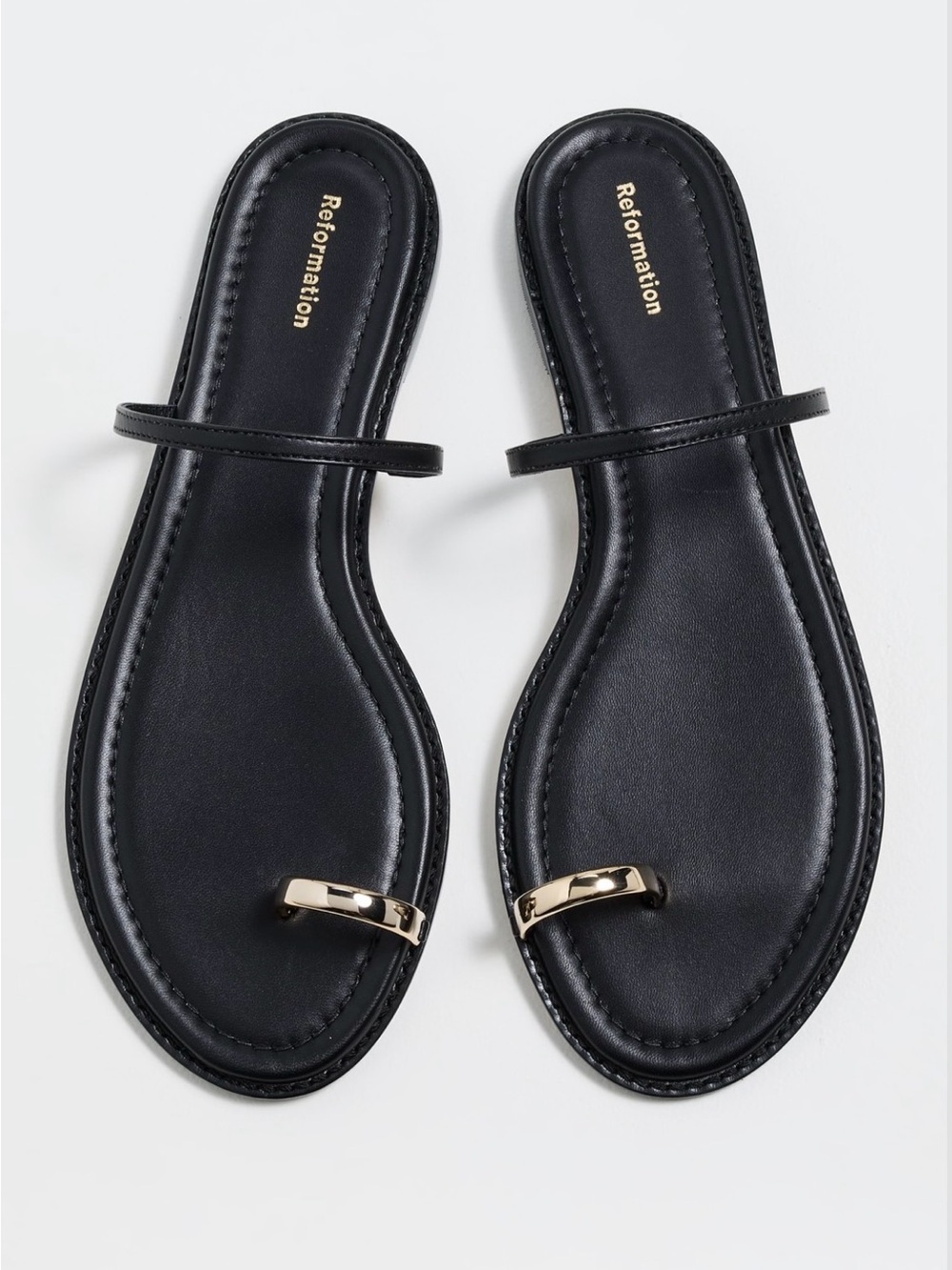 Reformation Cassandra black sandal with gold toe ring size 6